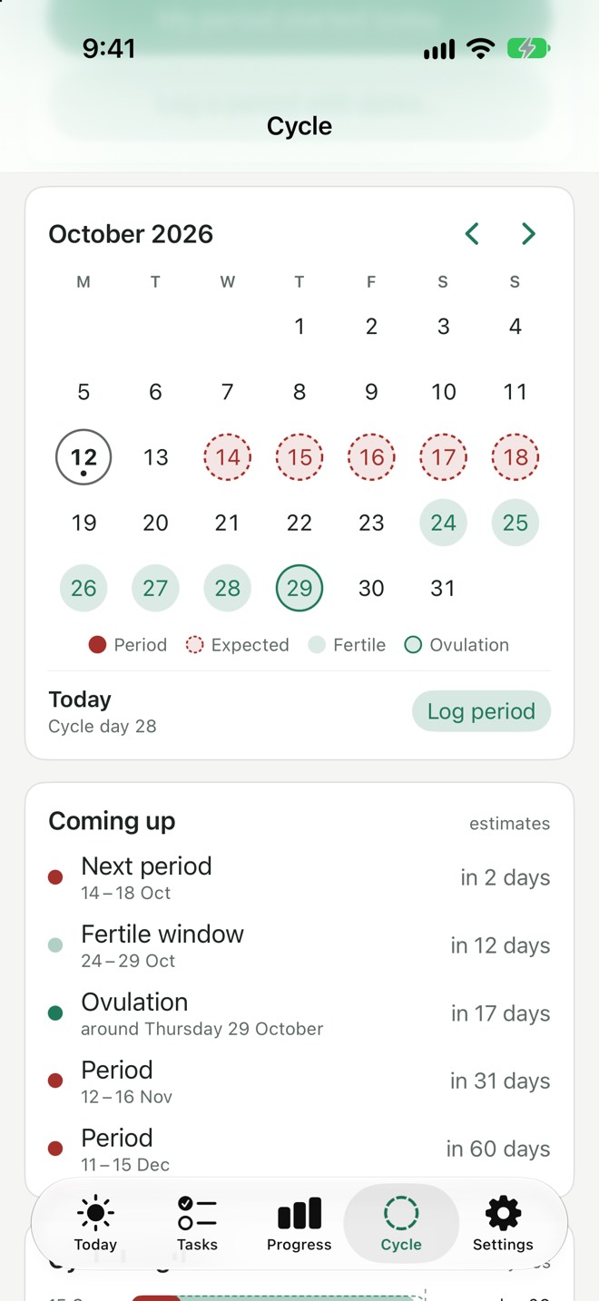 The cycle tracker's calendar with the next period and the fertile window marked, and the dates coming up