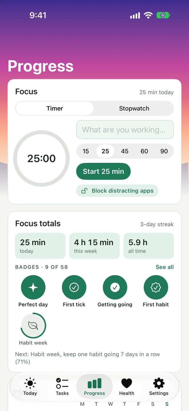The Progress screen with a 25-minute focus timer, focus totals and badges, over a sunset wallpaper