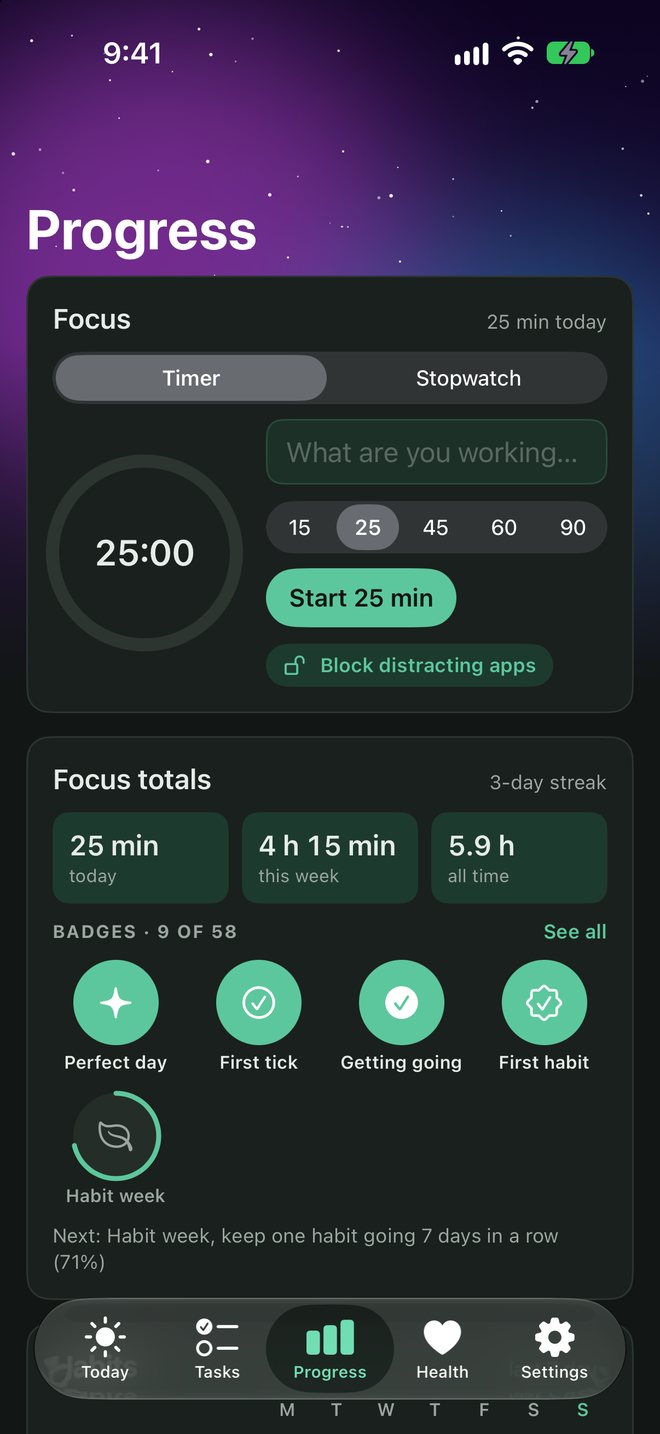 The Progress screen in dark mode with a cosmos wallpaper