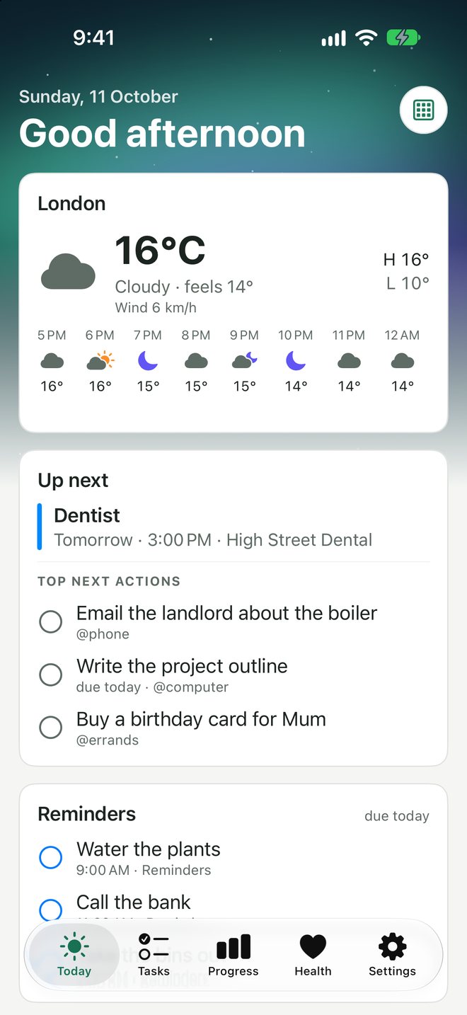 Daystead's Today screen: weather, the next event, top next actions and reminders