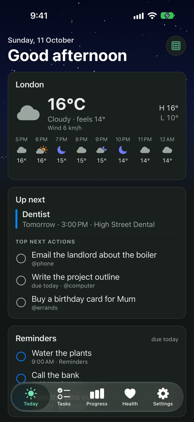 The same Today screen in dark mode with a starfield wallpaper